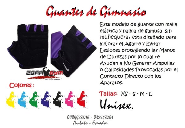 Guantes sin muñequera para gym colores descp